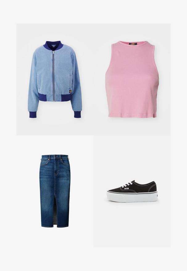 Blå corduroy bomberjakke med en marineblå ribbet krave og manchetter, med front lynlås og sidelommer.; Rosa ribbet crop top med rund halsudskæring og ærmeløs design. Har en kant, der slutter lige over taljen.; Mørkeblå denim midi nederdel med frontslids, knaplukning, bæltestropper og forlommer.; Sort lærred sneakers med en hvid gummi platform sål, der har hvide snørebånd og syninger, ikonisk branding på siden, lav-top design.