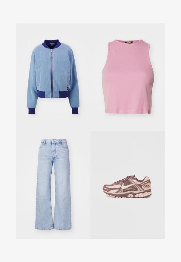 Blaue Cordjacke im Bomber-Stil mit einem marineblauen gerippten Kragen und Bündchen, ausgestattet mit einem Reißverschluss und seitlichen Taschen.; Rosa gerippter Cropped-Top mit rundem Halsausschnitt und ärmellosem Design. Besitzt einen Saum, der knapp über der Taille endet.; Roxy MILLA - Wide Leg - glacier; Leichte Laufschuhe mit einem Obermaterial aus Mesh in Rosa- und Brauntönen, mit strukturierten Akzenten und einem gepolsterten Sohlen-Design.