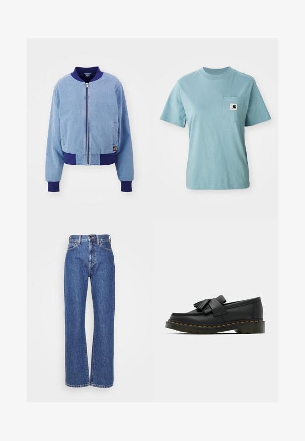 Blå corduroy bomberjakke med en marineblå ribbet krave og manchetter, med front lynlås og sidelommer.; Lyseblå kortærmet bomulds T-shirt med brystlomme og et lille sort-hvidt Carhartt logo patch.; Blå denim jeans med vide ben, høj talje, kontrastsyninger og klassisk fem-lomme design. Struktureret stof med en glat overflade.; Sorte læder loafers med rund tå, der har frynse detaljer og et dekorativt bånd på tværs af fronten, sat på en kraftig hæl.