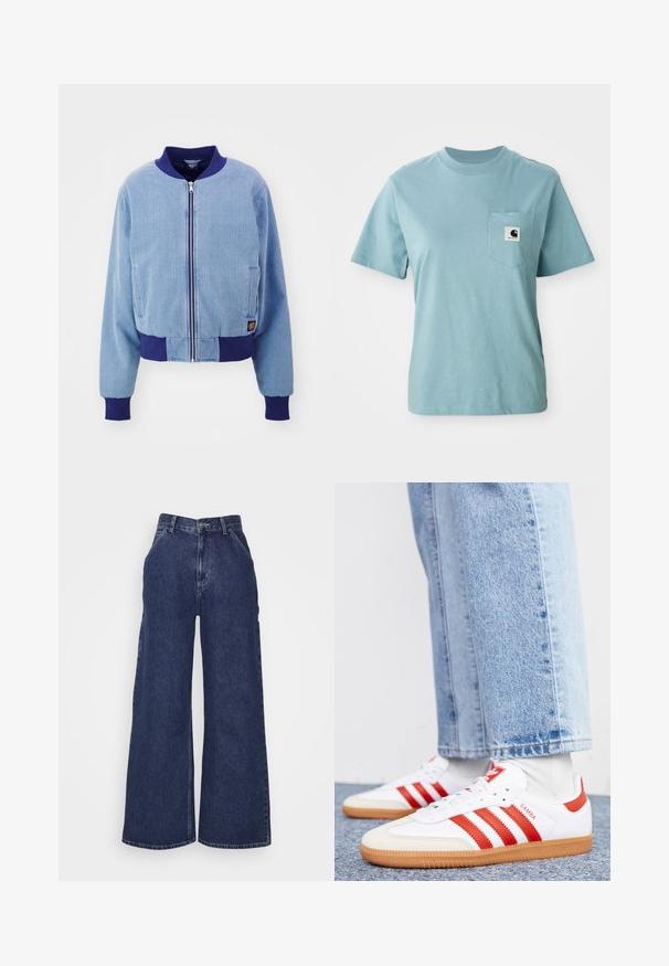 Blauwe corduroy bomberjack met een marineblauwe geribde kraag en manchetten, voorzien van een ritssluiting aan de voorkant en zijzakken.; Lichtblauw katoenen T-shirt met korte mouwen en een borstzak, voorzien van een klein zwart-wit Carhartt logo patch.; Brede denim jeans in donkerblauw, met een hoge taille, zijzakken en een ritssluiting met een metalen knop. Gladde textuur en klassiek ontwerp.; Witte leren sneakers met rode strepen en accenten. Voorzien van een getextureerde gumrubberen outsole en een gevoerde kraag. Draag ze met lichtblauwe denim.
