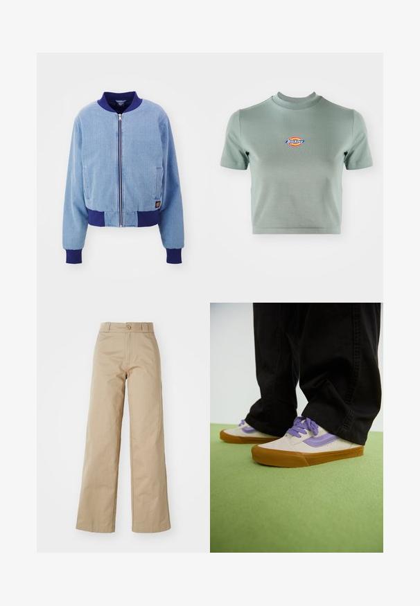 Veste bomber en corduroy bleu avec col et poignets côtelés navy, dotée d'une fermeture éclair à l'avant et de poches latérales.; Chemise courte à manches courtes en coton vert atténué. Elle présente un col rond et un logo "Dickies" coloré sur la poitrine.; Pantalons larges beiges en coton, avec fermeture à bouton et passants de ceinture, présentant une texture lisse et une finition soignée.; Baskets beige clair avec des accents violets, semelle en caoutchouc, et lacets plats. Portées avec un pantalon noir, présentées sur une surface texturée verte.