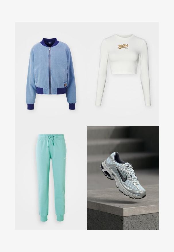 Blauwe corduroy bomberjack met een marineblauwe geribde kraag en manchetten, voorzien van een ritssluiting aan de voorkant en zijzakken.; Witte langemouwen crop top van een soepele stof, met een gouden Nike-logo op de borst en een klassieke ronde hals.; Mintgroene sweatshirtbroek met een elastische tailleband, koord en geribde boorden. Bevat een klein wit Nike-logo op de linker bovenbeen.; Witte en grijze Nike hardloopschoen met zwart logo zwevend boven een betonnen richel tegen een wazige grijze achtergrond.