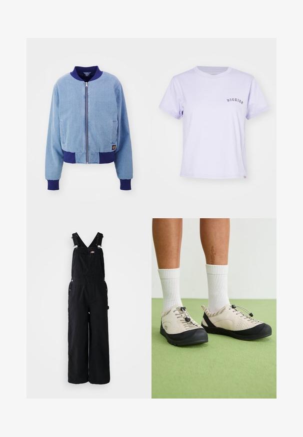 Blå corduroy bomberjakke med en marineblå ribbet krave og manchetter, med front lynlås og sidelommer.; Lys lilla bomulds T-shirt med rund halsudskæring, korte ærmer, og ordet "DICKIES" broderet i mørk lilla på brystet.; Sorte denim overalls med brede ben, justerbare skulderstropper, lomme foran og sølv hardware detaljer. Glat tekstur, minimalistisk design.; Beige sko med sorte accenter, mesh sidedele og et sikkert snørebånd. Tykk gummisål med mønstret slidbane. Båret med hvide sokker.