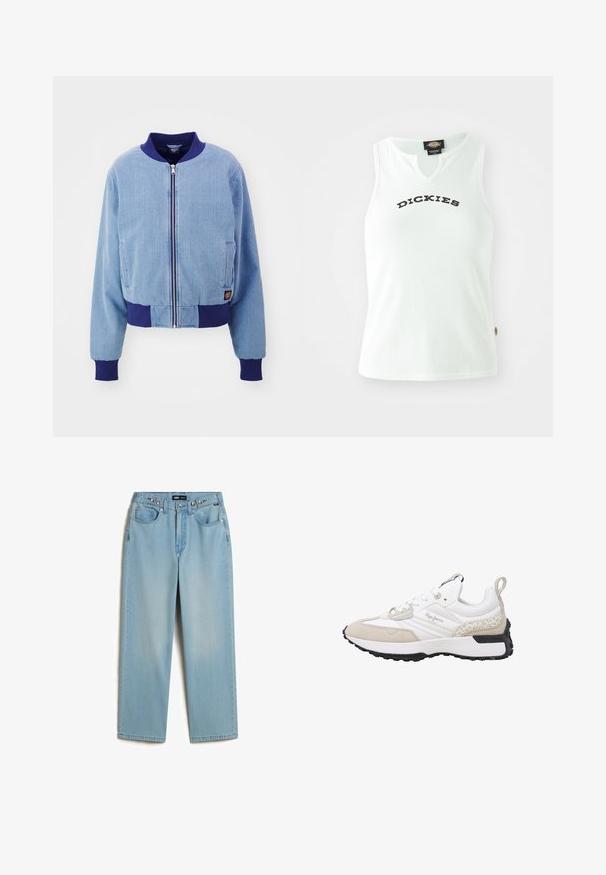 Blå corduroy bomberjakke med en marineblå ribbet krave og manchetter, med front lynlås og sidelommer.; Hvid ribbet tanktop med V-halsdesign, prydet med ordet "DICKIES" i fede sorte bogstaver hen over brystet. Uden ærmer.; Vans CINCHED CHECK - Baggy jeans - light stonewash; Hvid og beige sneaker med ruskind og mesh-materialer, teksturerede detaljer, en rundet tå og en gummisål. Har logo på siden.