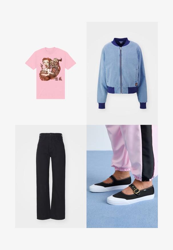 Blaue Cordjacke im Bomber-Stil mit einem marineblauen gerippten Kragen und Bündchen, ausgestattet mit einem Reißverschluss und seitlichen Taschen.; Rosa Baumwoll-T-Shirt mit einem detaillierten Grafikdesign eines Charakters, einer Schlange, und dekorativen Elementen in Braun, mit chinesischem Text darunter.; Schwarze hochgeschnittene weite Jeans mit Knopf- und Reißverschluss vorne, Gürtelschlaufen und zwei Vordertaschen auf weißem Hintergrund.; Schwarze Leinenschuhe mit einer weißen Sohle, die ein Ausschnittdesign und einen goldenen Schnallenriegel aufweisen. Getragen mit rosa Sporthosen.