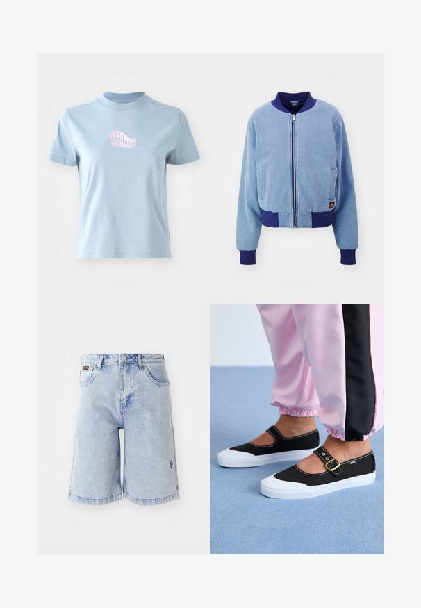 Blauwe corduroy bomberjack met een marineblauwe geribde kraag en manchetten, voorzien van een ritssluiting aan de voorkant en zijzakken.; Lichtblauw katoenen T-shirt met korte mouwen en een hoge hals, met een klein roze geborduurd schelpdierontwerp aan de voorkant.; Lichtblauwe denimshorts met een hoge taille, losse pasvorm en voorzakken. Decoratieve stiksels en merklogo geborduurd aan de zijkant.; Zwarte canvas schoenen met een witte zool, met een uitgesneden ontwerp en een gouden gespband. Draagt met roze joggingsbroek.
