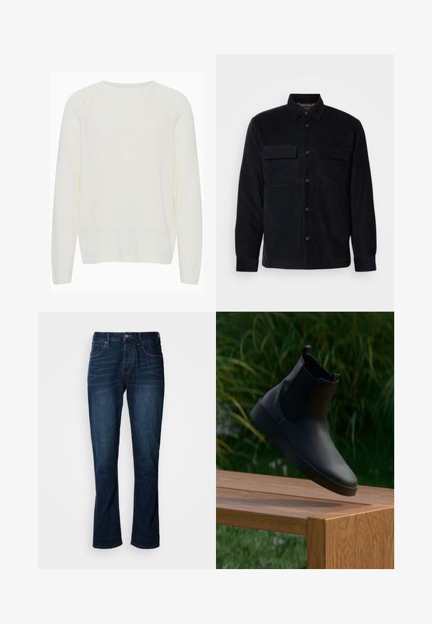 Sort fløjlsjakke med knaplukning foran, to brystlommer og lige kant forneden. Glat tekstur, lange ærmer og klassisk krave.; Hvid strikket sweater med rund halsudskæring, lange raglanærmer, ribbede manchetter og en let løs pasform. Teksturen fremstår blød og let.; Mørkeblå denim jeans med lige ben, med orange syning, en metalknap og klassisk fem-lomme design.; Sort læder ankelstøvle med elastiske sidepaneler, glat overflade, afrundet tå og flad sål, placeret over et træt bord mod en grøn baggrund.