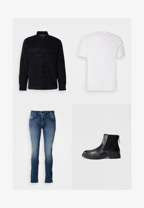 Schwarze Cordhemdjacke mit Knopfverschluss vorne, zwei Brusttaschen und geradem Saum. Glatte Textur, lange Ärmel und klassischer Kragen.; Weißes Baumwoll-T-Shirt mit Rundhalsausschnitt und kurzen Ärmeln. Verfügt über ein dezentes Logo auf der Vorderseite, eine glatte Textur und eine klassische Passform.; Blaue Jeans aus Denim mit einem ausgewaschenen Finish, Fünf-Taschen-Design, geradem Bein und Steppnähte. Einfache Knopf- und Reißverschlussöffnung.; Schwarze Leder-Ankle-Boots mit einer glatten Oberfläche, elastischen Mesh-Seitenteilen und einer robusten Sohle mit sichtbarem Profil.