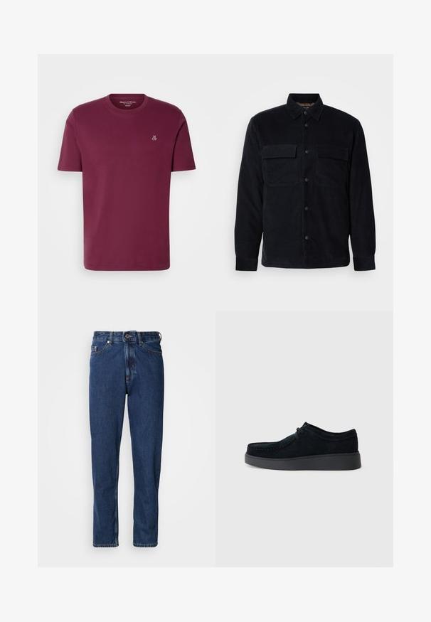 Zwarte corduroy overhemdjas met knoopsluiting aan de voorkant, twee borstzakken en een rechte zoom. Gladde textuur, lange mouwen en een klassieke kraag.; Bordeaux katoenen t-shirt met een ronde hals, korte mouwen en een klein wit "M OP" logo op de borst. Gladde textuur en reguliere pasvorm.; Donkerblauwe spijkerbroek gemaakt van denim, met een rechte pijp, vijfzakkenontwerp en zichtbare stiksels langs de naden.; Zwarte suède schoen met een laag profiel, ronde neus, subtiele stiksels en een rubberen zool. Heeft een vetersluiting en een minimalistisch ontwerp.
