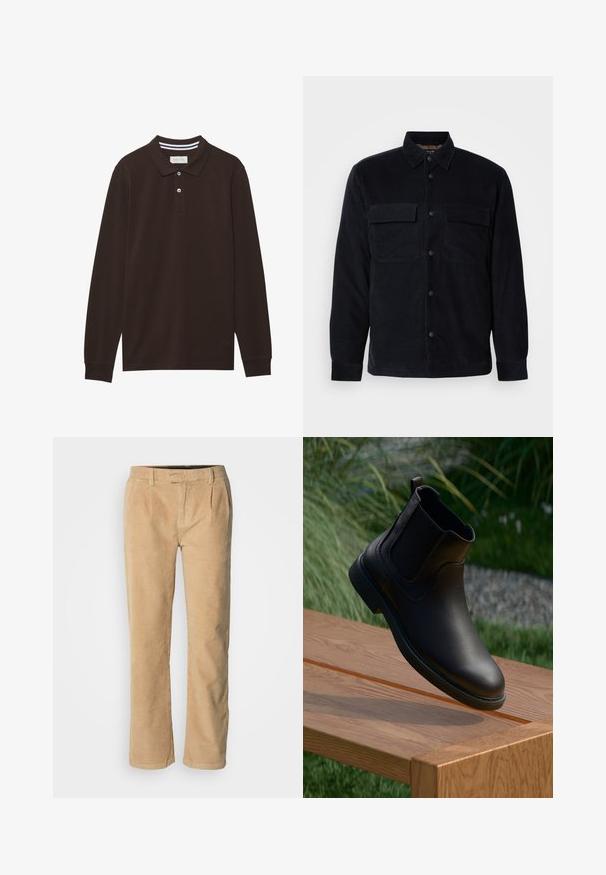Veste-chemise en velours côtelé noir avec fermeture boutonnée à l'avant, deux poches poitrine et ourlet droit. Texture lisse, manches longues et col classique.; Polo à manches longues en coton marron foncé, doté d'un col, d'une patte de boutonnage à trois boutons et d'accents à rayures blanches. Texture lisse.; Pantalons en velours côtelé beige à coupe droite, avec deux plis devant, passants de ceinture et une texture lisse. Sans matériel visible ni motifs.; Bottine en cuir noir avec panneaux latéraux élastiques, bout rond et semelle extérieure en caoutchouc texturée, flottant au-dessus d'une table en bois.