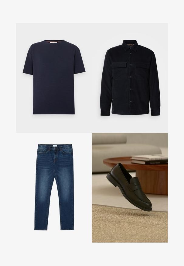 Veste-chemise en velours côtelé noir avec fermeture boutonnée à l'avant, deux poches poitrine et ourlet droit. Texture lisse, manches longues et col classique.; T-shirt bleu marine à manches courtes avec col rond et texture côtelée horizontale subtile, présenté sur fond blanc uni.; Jean slim-fit bleu foncé avec des détails délavés, design classique à cinq poches, fermeture à bouton et passants de ceinture.; Chaussure mocassin en cuir noir présentée en suspension au-dessus d'un tapis beige tissé, avec une table en bois et des livres empilés dans un salon doucement éclairé.