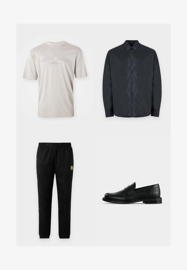Zwart shirt met lange mouwen en een puntige kraag, met vijf zichtbare drukknoopjes aan de voorzijde in het midden.; Lichtbeige t-shirt met korte mouwen van zachte stof, voorzien van een geborduurd "Emporio Armani Milano" logo in een iets donkere tint.; Zwarte velours joggerbroek met elastische tailleband, manchetten aan de enkels, zijzakken en een klein beige EA7 Emporio Armani logo op de dij.; Zwarte leren heren penny loafer met lage gestapelde hak en afgeronde neus, zijaanzicht op lichte grijze achtergrond.