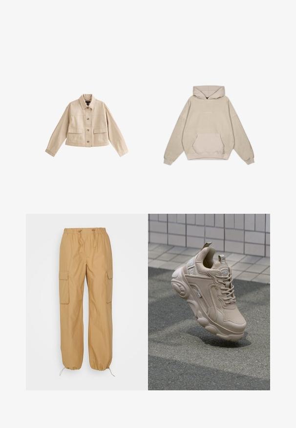 Beige cropped jakke med lange ærmer, krave, knaplukning foran og to store forlommer med klappe.; Beige hætte sweatshirt med en afslappet pasform, kængurulomme, manchetter og en glat tekstur. Har diskrete logo-detaljer på forsiden.; b.young BYDEMETE - Cargobukser - tiger's eye; Beige atletisk sko med overdel i mesh og syntetisk materiale, polstret krave og kraftig sål med strukturerede detaljer. Branding synlig på siden.