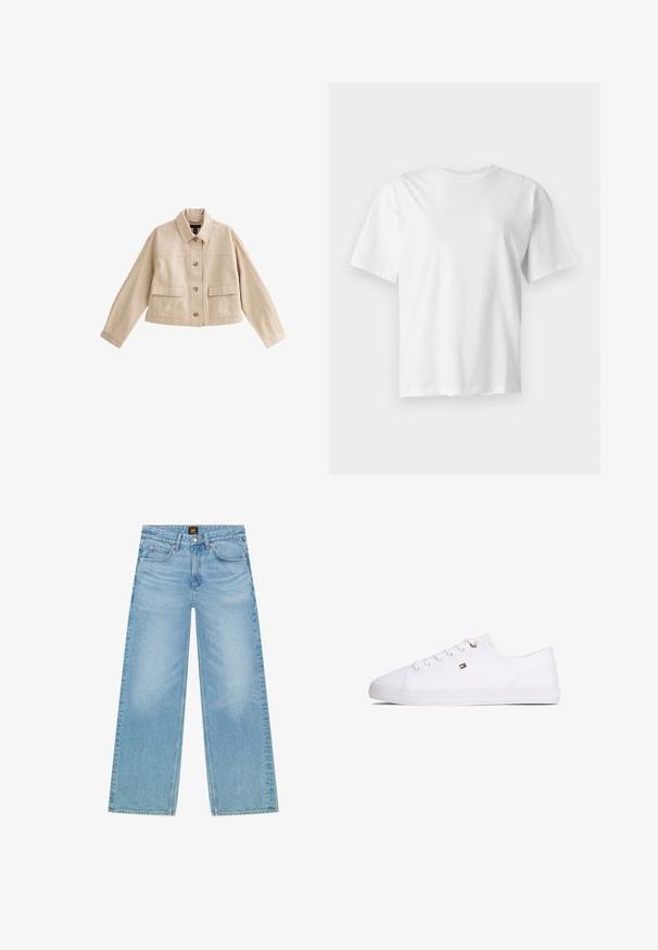 Beige korte jas met lange mouwen, kraag, knoopsluiting aan de voorkant en twee grote voorzakken met kleppen.; Effen wit T-shirt met korte mouwen en ronde hals, plat weergegeven op een lichtgrijze achtergrond.; Lichtblauwe, wijde spijkerbroek van denim. Beschikt over een klassieke vijf-pocket stijl en een subtiele vervaagde textuur. Knoop- en ritsluiting.; Witte lage sneaker met vetersluiting, klein rood-wit-zwart vlaglogo aan de zijkant en platte rubberen zool.