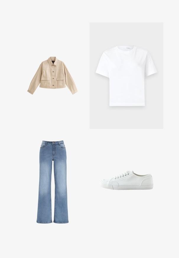 Beige cropped jakke med lange ærmer, krave, knaplukning foran og to store forlommer med klappe.; Hvid kortærmet bomuld t-shirt med rund halsudskæring og lige kant, vist på en hvid baggrund.; Lyseblå vidde jeans lavet af denim. Har en knaplukning, fem lommer og syninger i kontrast. Glat overflade med en let falma.; Hvid lavtop canvas-sneaker med snørebånd foran, gummisål og struktureret tåhætte, vist fra ydersiden mod en hvid baggrund.
