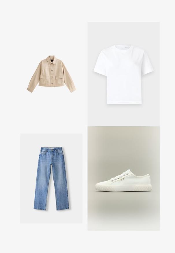 Beige korte jas met lange mouwen, kraag, knoopsluiting aan de voorkant en twee grote voorzakken met kleppen.; Effen witte katoenen T-shirt met korte mouwen, ronde hals en rechte zoom, getoond op een witte achtergrond.; Lichtblauwe denim jeans met een rechte pasvorm, voorzien van vijf zakken, een knoopsluiting aan de voorkant en subtiele vervaging voor textuur.; Witte lage canvas sneaker met een getextureerde rubberen zool, witte veters en een klein Calvin Klein-label aan de zijkant.