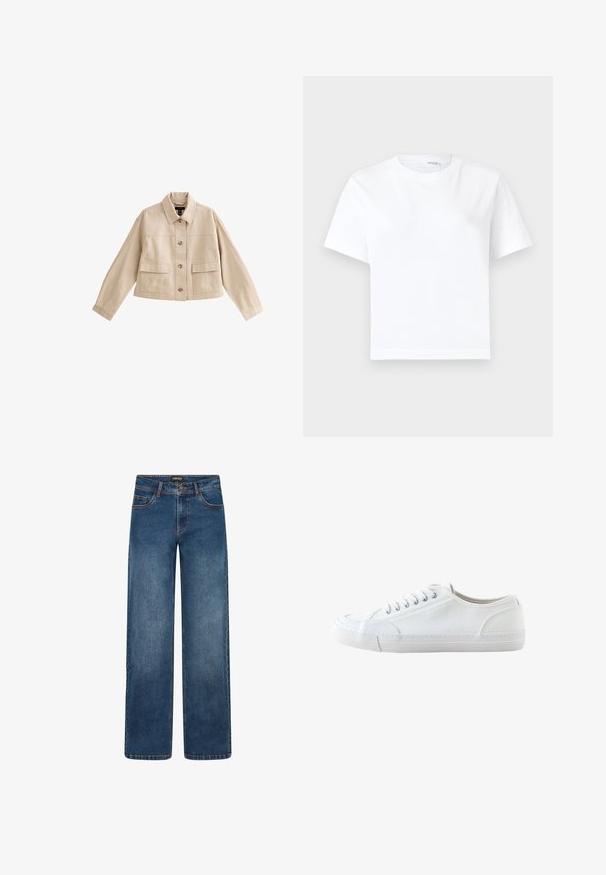 Beige korte jas met lange mouwen, kraag, knoopsluiting aan de voorkant en twee grote voorzakken met kleppen.; Effen witte katoenen T-shirt met korte mouwen, ronde hals en rechte zoom, getoond op een witte achtergrond.; Wijde spijkerbroek met medium blauwe wassing. Heeft vijf zakken, knoop- en ritssluiting, en dubbel gestikte naden. Duurzame stof.; Witte lage canvas sneaker met witte veters en rubberen zool, gezien van opzij op een witte achtergrond.