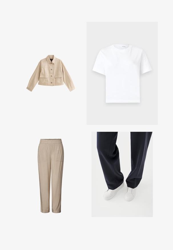 Chaqueta corta beige con mangas largas, cuello, cierre frontal con botones y dos grandes bolsillos frontales con solapas.; Camiseta blanca lisa de algodón de manga corta con cuello redondo y dobladillo recto, mostrada sobre un fondo blanco.; Pantalones beige con cintura elástica, dos bolsillos frontales, diseño de pierna entallada y textura suave. Adecuados para un uso casual o relajado.; Zapatillas blancas con suelas de goma texturizadas y cordones planos, combinadas con pantalones azul marino oscuro que muestran una tela suelta, suave y un corte a medida.