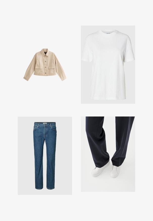 Beige cropped jakke med lange ærmer, krave, knaplukning foran og to store forlommer med klappe.; Hvid bomuld t-shirt med korte ærmer og rund halsudskæring. Har en afslappet pasform og et minimalistisk design uden mønstre eller accenter.; Blå straight-leg denim jeans med frontknapper og lynlås, bæltestropper samt for- og baglommer.; Hvide sneakers med teksturerede gummisåler og flade snørebånd, kombineret med mørkeblå bukser i løs, glat stof og skræddersyet pasform.