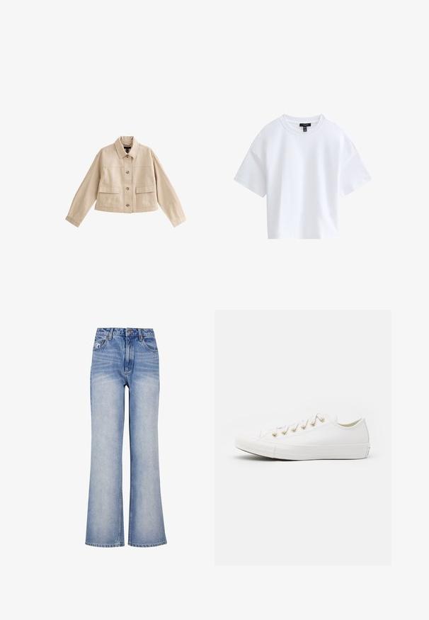 Beige cropped jakke med lange ærmer, krave, knaplukning foran og to store forlommer med klappe.; Simpel hvid kortærmet crop top med rund halsudskæring og sort mærke indeni kraven.; Lys blå denim bred-benede jeans har høj talje, knaplukning, diskret slidmærker og et klassisk fem-lomme design.; Converse CHUCK TAYLOR ALL STAR - Sneakers - vintage white/light gold
