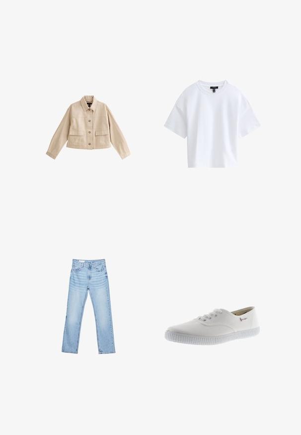 Beige korte jas met lange mouwen, kraag, knoopsluiting aan de voorkant en twee grote voorzakken met kleppen.; Effen witte cropped T-shirt met korte mouwen, een ronde hals en een zwart merkembleem aan de binnenkant van de kraag.; Lichtblauwe denim jeans met een rechte snit, vijf-pocket ontwerp en zichtbare stiksels. Middenhoge taille met een klassieke knoop- en ritssluiting.; Witte canvas sneakers met ronde neus, vetersluiting, gestructureerde rubberen zool en subtiele merkaanduiding. Glad stoffen afwerking.