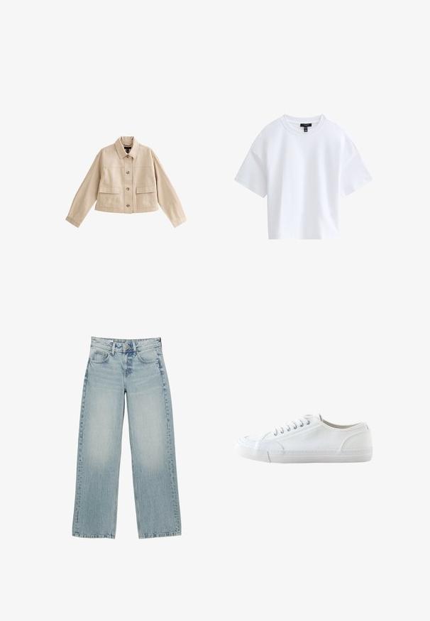 Beige korte jas met lange mouwen, kraag, knoopsluiting aan de voorkant en twee grote voorzakken met kleppen.; Effen witte cropped T-shirt met korte mouwen, een ronde hals en een zwart merkembleem aan de binnenkant van de kraag.; Lichtblauwe denim wijde jeans met een hoge taille, voorzien van vijf zakken, een knoopsluiting en subtiele vervaging voor een versleten effect.; Witte lage canvas sneaker met witte veters en rubberen zool, gezien van opzij op een witte achtergrond.