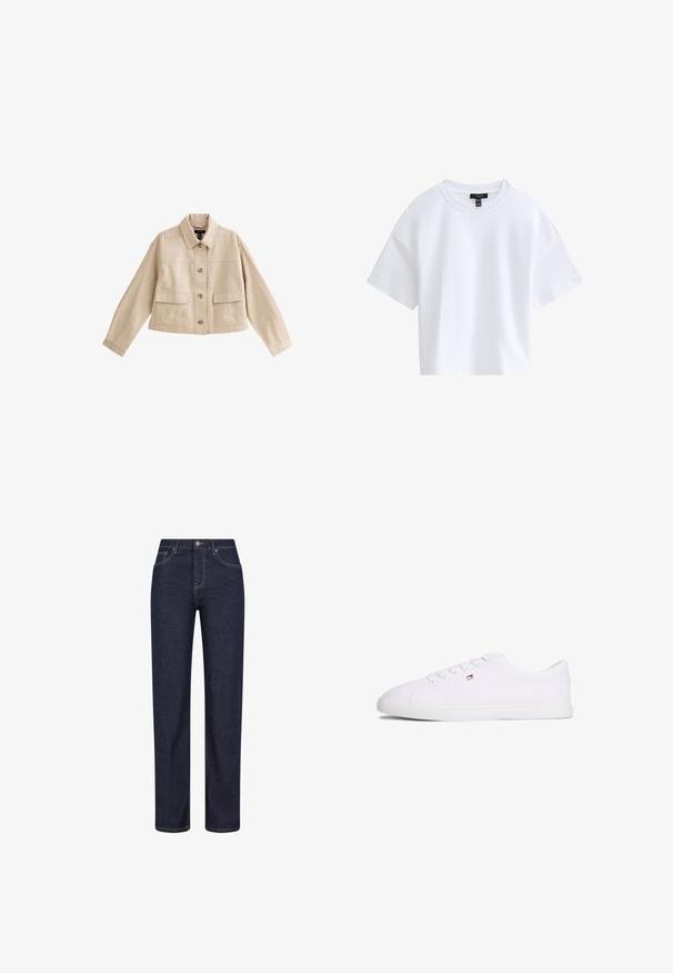 Beige korte jas met lange mouwen, kraag, knoopsluiting aan de voorkant en twee grote voorzakken met kleppen.; Effen witte cropped T-shirt met korte mouwen, een ronde hals en een zwart merkembleem aan de binnenkant van de kraag.; Donkerblauwe jeans met rechte pijpen, voorzakken, riemlussen en een knoopsluiting in de taille.; Witte lage sneaker met vetersluiting en een klein rood-wit-blauw logo aan de zijkant, platte rubberen zool.