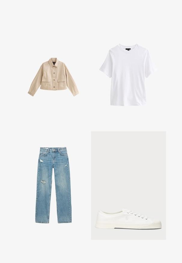 Beige cropped jakke med lange ærmer, krave, knaplukning foran og to store forlommer med klappe.; Hvid t-shirt med korte ærmer og rund halsudskæring med en sort tøjetiket inde i kraven på hvid baggrund.; Lyseblå, straight-leg jeans lavet af denim. Har sammensmeltede huller på fronten, falmede tekstur og fem lommer med metalhardware.; Hvide lærredssneakers med rund tå, snørelukning og diskret logo-detalje. Har en tekstureret overflade og gummisål.