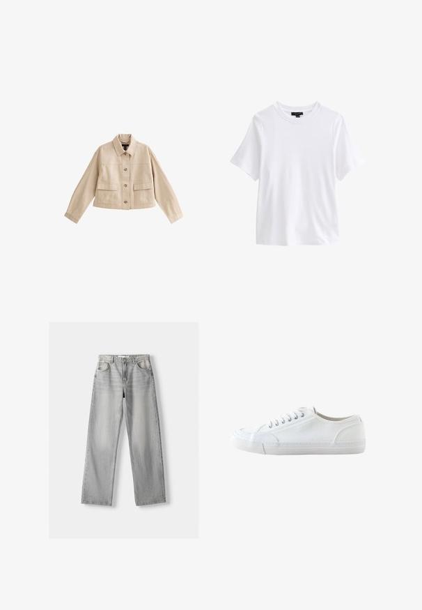 Beige kurze Jacke mit langen Ärmeln, Kragen, Vorderknopfleiste und zwei großen aufgesetzten Fronttaschen mit Klappen.; Schlichtes weißes T-Shirt mit kurzen Ärmeln und Rundhalsausschnitt mit einem schwarzen Kleidungsetikett innen im Kragen auf weißem Hintergrund.; Helle graue Jeans aus Denim mit geradem Bein, ausgestattet mit zwei vorderen Taschen, einem Knopfverschluss und subtilen Abnutzungen für Struktur.; Weißer niedriger Canvas-Sneaker mit weißen Schnürsenkeln und Gummisohle, von der Seite auf weißem Hintergrund dargestellt.