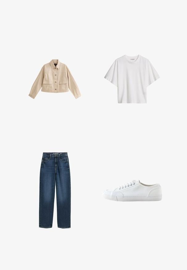 Chaqueta corta beige con mangas largas, cuello, cierre frontal con botones y dos grandes bolsillos frontales con solapas.; Camiseta blanca de algodón, de manga corta, holgada, con cuello redondo y etiqueta de la marca en el interior del cuello.; Jeans de pierna ancha de color azul oscuro con cintura alta, bolsillos frontales y textura de denim clásica. Acabados con detalles de costura sutiles y aberturas de pierna recta.; Zapatilla blanca de lona de corte bajo con cordones blancos y suela de goma, mostrada de lado sobre un fondo blanco.