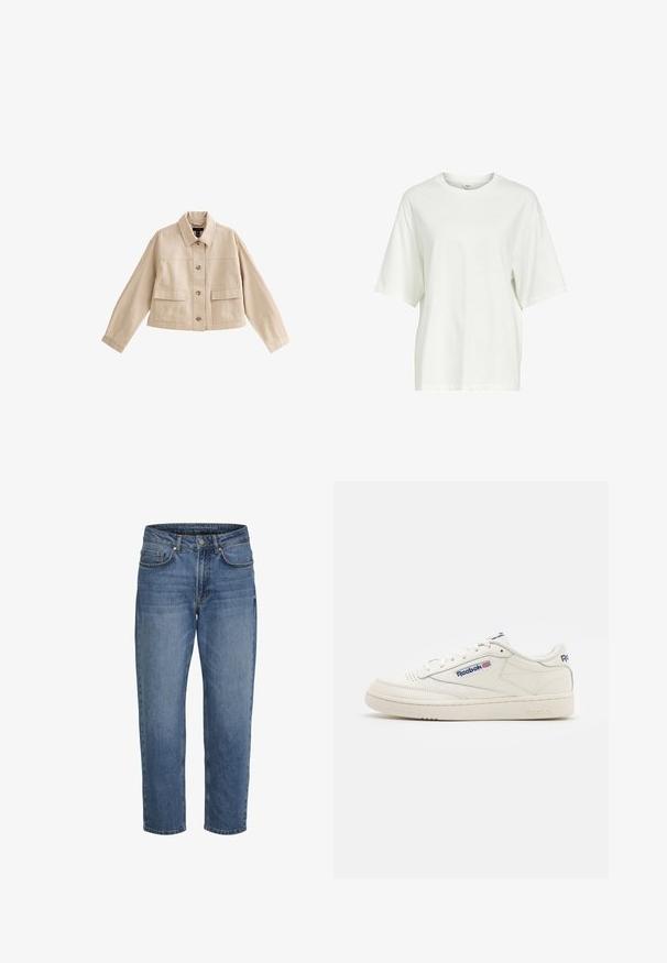 Beige cropped jakke med lange ærmer, krave, knaplukning foran og to store forlommer med klappe.; Ensfarvet hvid oversized T-shirt med korte ærmer, rund hals og en lille mærkat indeni kraven.; Blå denim jeans med lige ben, forfra lukning med knap og lynlås samt lommer foran og bagpå, vist mod en hvid baggrund.; Hvide lædersneakers med en tekstureret gummisål, rund tå og Reebok-branding i blå. Minimalistisk design med syede detaljer.