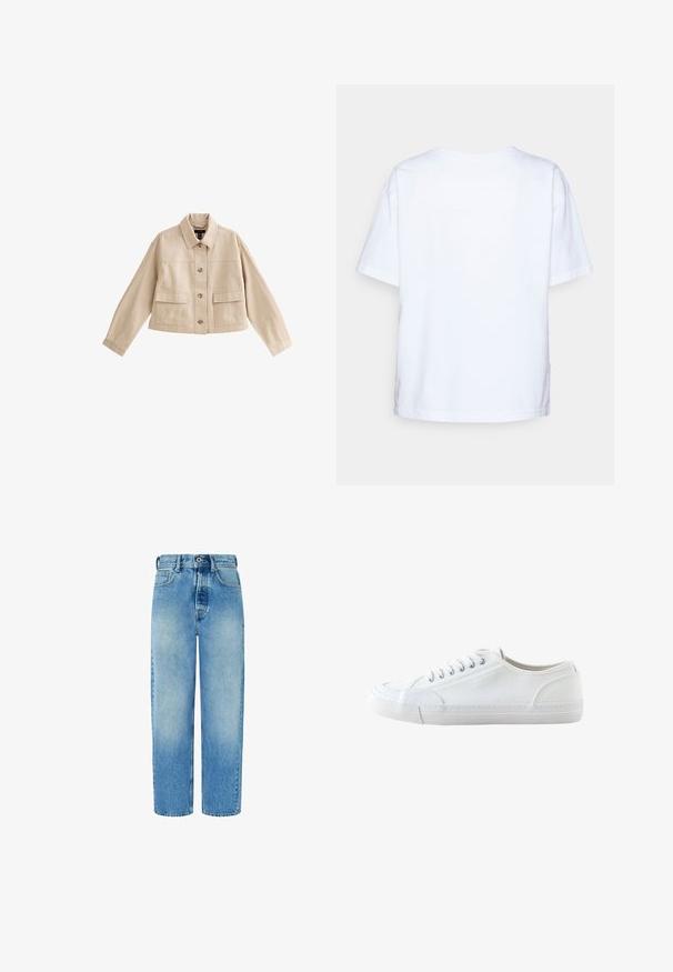 Beige cropped jakke med lange ærmer, krave, knaplukning foran og to store forlommer med klappe.; Enkelt hvid kortærmet bomulds t-shirt vist bagfra mod en lys grå baggrund.; Lys blå denim jeans med lige ben, høj talje, forlommer og knaplukning. Har diskret falmning og ingen udsmykninger.; Hvid lavtop lærredsneaker med hvide snørebånd og gummisål, vist fra siden på en hvid baggrund.
