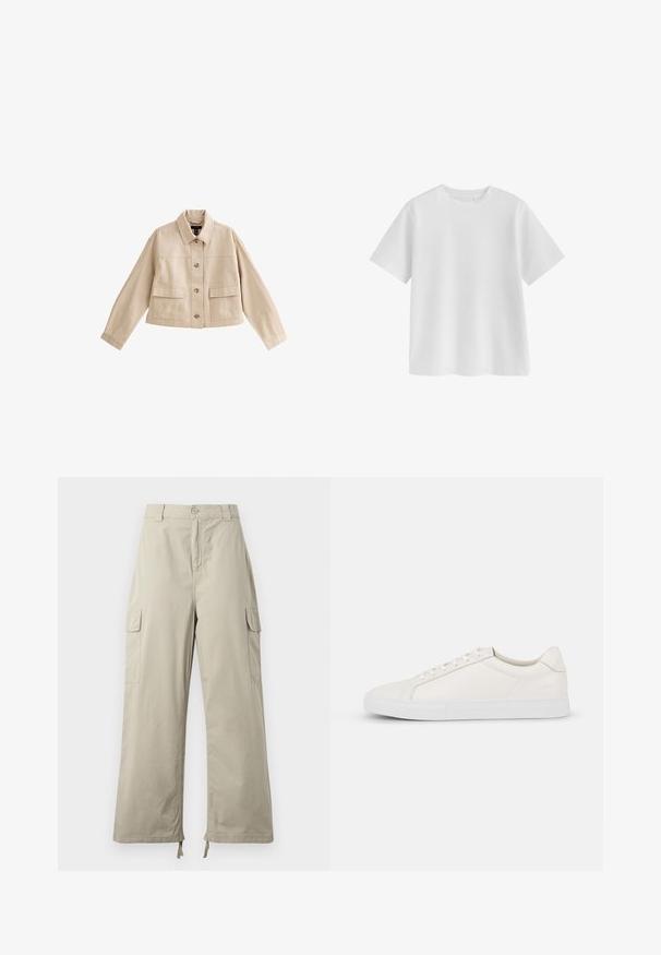 Beige cropped jakke med lange ærmer, krave, knaplukning foran og to store forlommer med klappe.; Ensfarvet hvid T-shirt med korte ærmer og rund hals, normal pasform og glat stofstruktur på hvid baggrund.; Lys beige cargo bukser med en afslappet pasform, der har knaplukning, sidelommer og justerbar kant med snore. Glat stoftekstur.; Hvide lædersneakers med en glat tekstur, rund tå, snørebånd foran og flad gummisål. Enkelt design uden mønstre eller accenter.