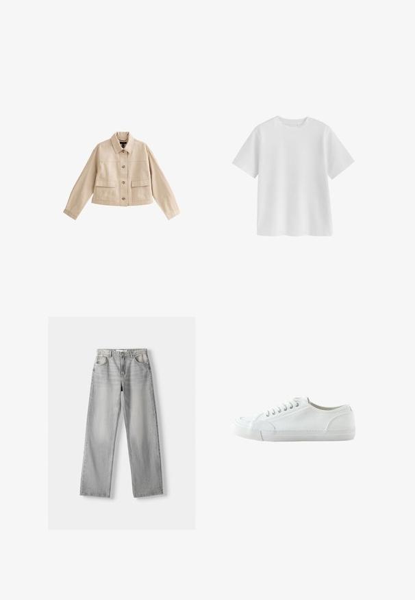 Beige kurze Jacke mit langen Ärmeln, Kragen, Vorderknopfleiste und zwei großen aufgesetzten Fronttaschen mit Klappen.; Schlichtes weißes T-Shirt mit kurzen Ärmeln und Rundhalsausschnitt, regulärer Passform und glatter Stoffstruktur auf weißem Hintergrund.; Helle graue Jeans aus Denim mit geradem Bein, ausgestattet mit zwei vorderen Taschen, einem Knopfverschluss und subtilen Abnutzungen für Struktur.; Weißer Canvas-Sneaker mit niedrigem Schaft, Schnürung vorne, Gummisohle und strukturiertem Zehenkappen, gezeigt von der Außenseite vor weißem Hintergrund.