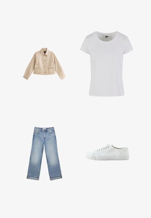Beige cropped jakke med lange ærmer, krave, knaplukning foran og to store forlommer med klappe.; Hvid, kortærmet t-shirt lavet af bomuld. Har en rund halsudskæring og en tætsiddende form. Lappen læser "URBAN CLASSICS."; Lyseblå denimjeans med bred bendesign, der har frynset kant, let slid og klassisk fem-lommes design.; Hvid lavtop canvas-sneaker med snørebånd foran, gummisål og struktureret tåhætte, vist fra ydersiden mod en hvid baggrund.