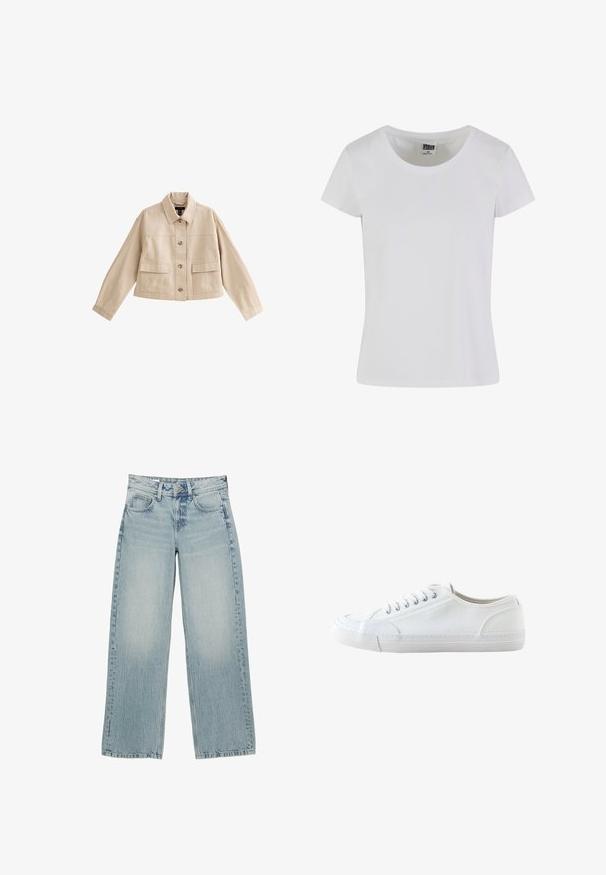 Beige cropped jakke med lange ærmer, krave, knaplukning foran og to store forlommer med klappe.; Hvid, kortærmet t-shirt lavet af bomuld. Har en rund halsudskæring og en tætsiddende form. Lappen læser "URBAN CLASSICS."; Lysblå denim bredbukser med høj talje, der har fem lommer, knaplukning og subtile falmninger for en slidt effekt.; Hvid lavtop lærredsneaker med hvide snørebånd og gummisål, vist fra siden på en hvid baggrund.