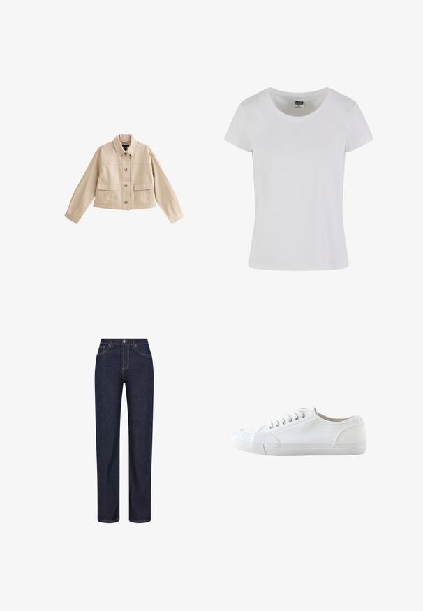 Beige cropped jakke med lange ærmer, krave, knaplukning foran og to store forlommer med klappe.; Hvid, kortærmet t-shirt lavet af bomuld. Har en rund halsudskæring og en tætsiddende form. Lappen læser "URBAN CLASSICS."; Mørkeblå jeans med lige ben, forlommer, bæltestropper og en knaplukning i taljen.; Hvid lavtop lærredsneaker med hvide snørebånd og gummisål, vist fra siden på en hvid baggrund.