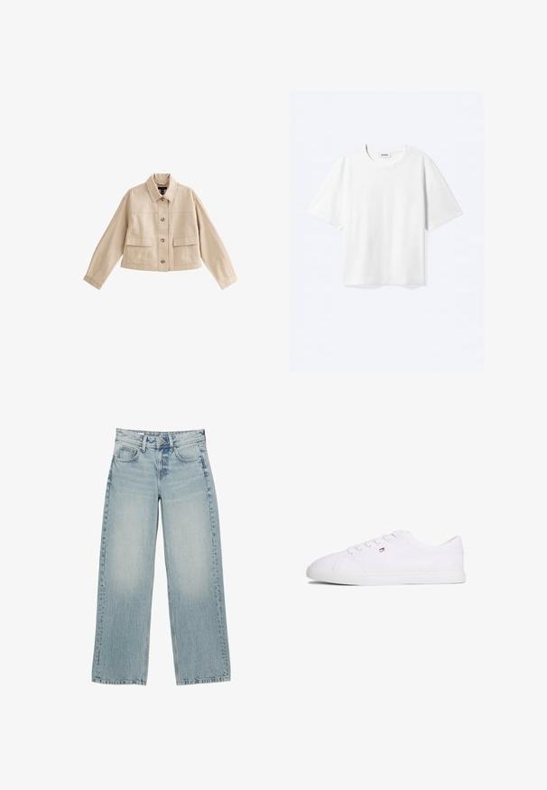 Beige korte jas met lange mouwen, kraag, knoopsluiting aan de voorkant en twee grote voorzakken met kleppen.; Witte T-shirt met korte mouwen en een ronde hals met rechte zoom, met een "WEEKDAY" merklabel aan de binnenkant van de hals.; Lichtblauwe denim wijde jeans met een hoge taille, voorzien van vijf zakken, een knoopsluiting en subtiele vervaging voor een versleten effect.; Witte lage sneaker met vetersluiting en een klein rood-wit-blauw logo aan de zijkant, platte rubberen zool.