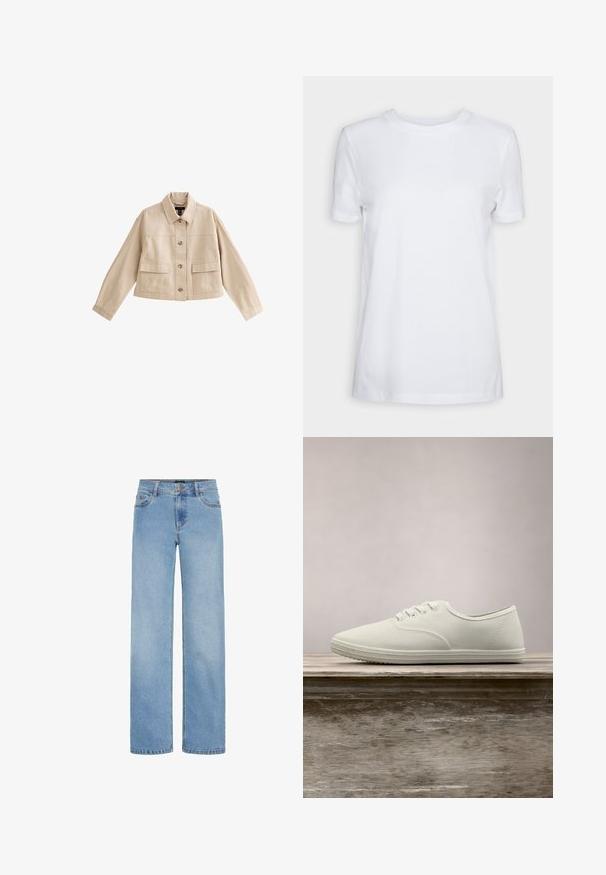 Beige kurze Jacke mit langen Ärmeln, Kragen, Vorderknopfleiste und zwei großen aufgesetzten Fronttaschen mit Klappen.; Schlichtes weißes T-Shirt mit kurzen Ärmeln und Rundhalsausschnitt, normaler Passform und einem kleinen Innenhalsetikett mit der Aufschrift „SELECTED FEMME.“; Hellblaue, weit geschnittene Jeans aus Denim. Verfügt über einen Standardbund, Fronttaschen und einen Reißverschluss mit Knopfverschluss.; Weiße Leinenschuhe mit einer abgerundeten Spitze, sechs Ösen und einer strukturierten Gummisohle, die über einer Holzoberfläche schwebt, mit grünem Gras im Hintergrund.