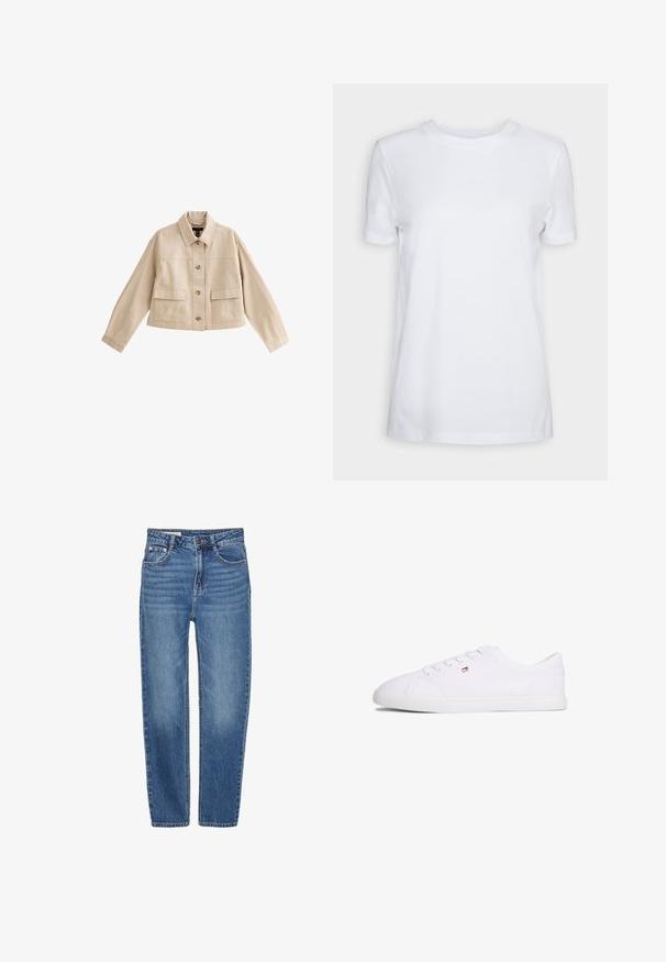 Beige cropped jakke med lange ærmer, krave, knaplukning foran og to store forlommer med klappe.; Simpel hvid T-shirt med korte ærmer og rund hals, normal pasform og et lille indvendigt mærke på nakken med teksten "SELECTED FEMME."; Blå denim jeans med lige ben design, fem-lomme stil og høj talje. Har let falmede områder og kontrasterende syning.; Hvid lavsko med snørelukning og lille rød, hvid og blå logo på siden, flad gummisål.
