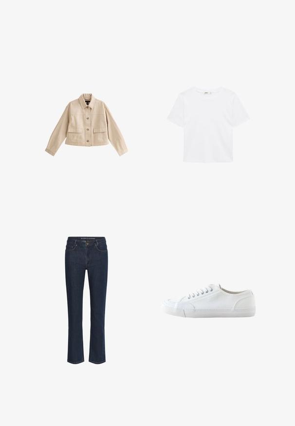 Beige korte jas met lange mouwen, kraag, knoopsluiting aan de voorkant en twee grote voorzakken met kleppen.; Effen witte cropped t-shirt met korte mouwen en ronde hals, plat weergegeven op een witte achtergrond.; Donkerblauwe rechte spijkerbroek met voorzakken, riemlussen en knoopsluiting.; Witte lage canvas sneaker met witte veters en rubberen zool, gezien van opzij op een witte achtergrond.