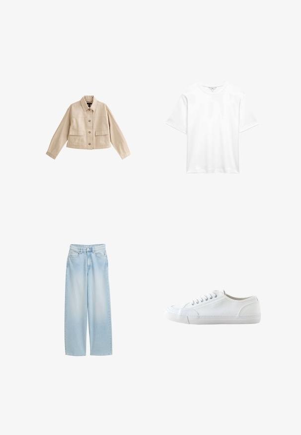 Beige korte jas met lange mouwen, kraag, knoopsluiting aan de voorkant en twee grote voorzakken met kleppen.; Effen witte katoenen T-shirt met korte mouwen en ronde hals, plat weergegeven tegen een witte achtergrond.; Lichtblauwe wijde spijkerbroek met hoge taille, knopen aan de voorkant, ritssluiting en vijf zakken.; Witte lage canvas sneaker met witte veters en rubberen zool, gezien van opzij op een witte achtergrond.
