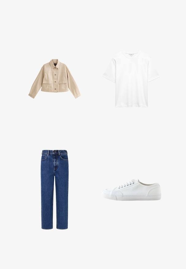 Chaqueta corta beige con mangas largas, cuello, cierre frontal con botones y dos grandes bolsillos frontales con solapas.; Camiseta blanca de algodón de manga corta con cuello redondo, mostrada extendida sobre fondo blanco.; Vaqueros de mezclilla con un lavado azul medio, diseño de pierna recta, cinco bolsillos y costuras de contraste en las costuras.; Zapatilla blanca de lona de corte bajo con cordones blancos y suela de goma, mostrada de lado sobre un fondo blanco.