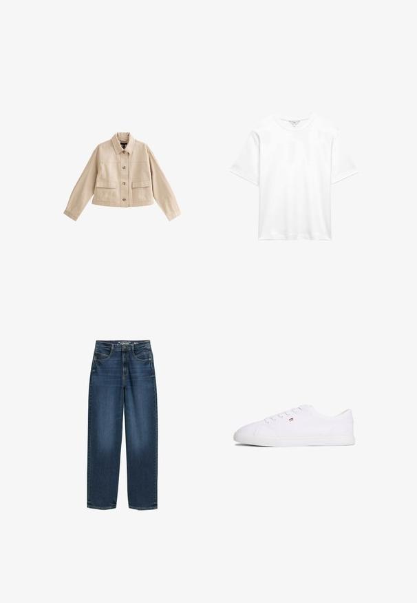 Chaqueta corta beige con mangas largas, cuello, cierre frontal con botones y dos grandes bolsillos frontales con solapas.; Camiseta blanca de algodón de manga corta con cuello redondo, mostrada extendida sobre fondo blanco.; Jeans de pierna ancha de color azul oscuro con cintura alta, bolsillos frontales y textura de denim clásica. Acabados con detalles de costura sutiles y aberturas de pierna recta.; Zapatilla blanca de corte bajo con cierre de cordones y pequeño logo en rojo, blanco y azul en el lateral, suela plana de goma.