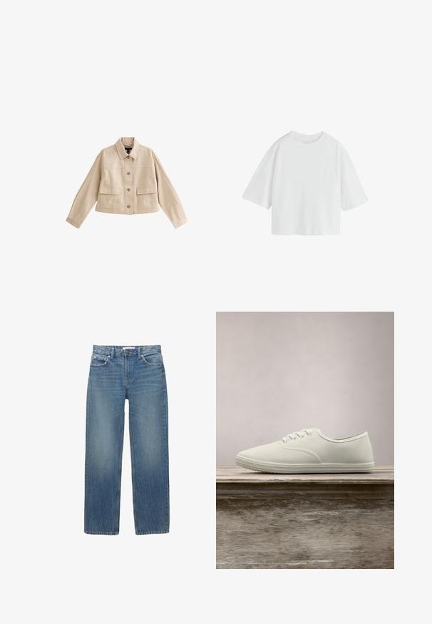 Veste courte beige à manches longues, col, fermeture avant à boutons et deux grandes poches avant avec rabats.; T-shirt écru oversize à manches courtes, col rond et coupe ample.; Jeans en denim bleu clair à coupe droite, avec cinq poches et des éléments en métal de couleur cuivrée. Le tissu présente une légère décoloration et une texture douce.; Baskets en toile blanches avec un bout arrondi, six œillets et une semelle en caoutchouc texturée, suspendues au-dessus d'une surface en bois avec de l'herbe verte en arrière-plan.