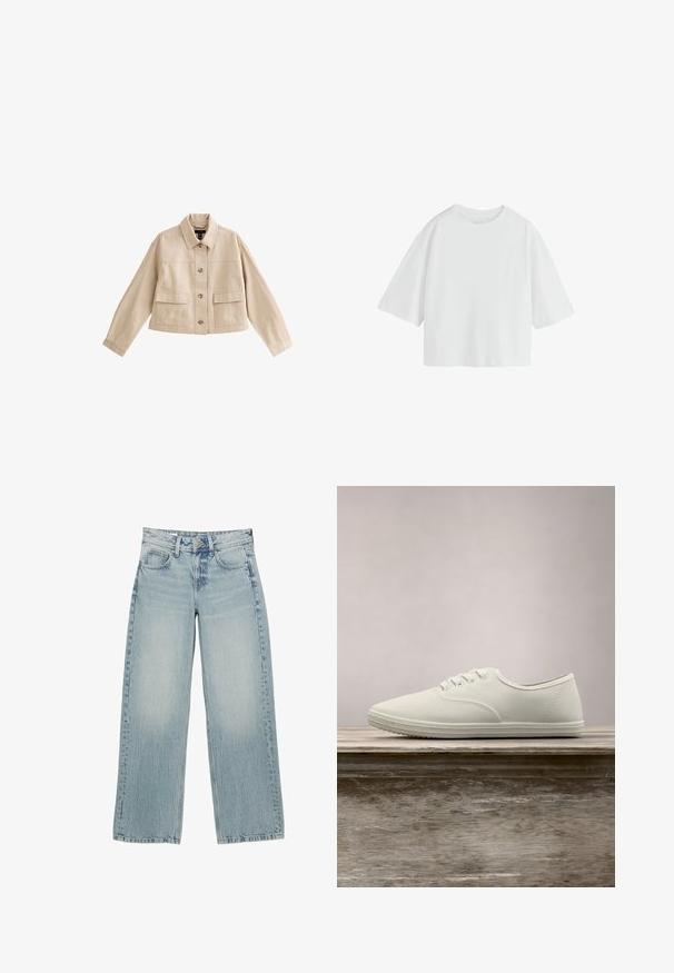 Beige kurze Jacke mit langen Ärmeln, Kragen, Vorderknopfleiste und zwei großen aufgesetzten Fronttaschen mit Klappen.; Schlichtes weißes oversized T-Shirt mit kurzen Ärmeln, rundem Ausschnitt und lockerem Schnitt.; Helle, blaue Denim-Hosen mit weitem Bein und hoher Taille, ausgestattet mit fünf Taschen, einem Knopfverschluss und dezentem Ausbleichen für einen getragenen Effekt.; Weiße Leinenschuhe mit einer abgerundeten Spitze, sechs Ösen und einer strukturierten Gummisohle, die über einer Holzoberfläche schwebt, mit grünem Gras im Hintergrund.