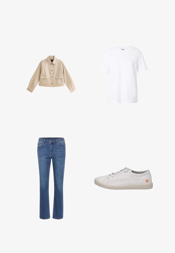 Beige cropped jakke med lange ærmer, krave, knaplukning foran og to store forlommer med klappe.; Enkelt hvid t-shirt med korte ærmer og rund hals, afslappet pasform og lille label inde i kraven.; Blå denimjeans med lige ben, tætsiddende talje, bæltesløjfer, fem lommer og en lille brun knap i taljen.; Hvide lædersneakers med snøring, grå indvendig og orange logoaccent på siden. Har en struktureret gummisål.
