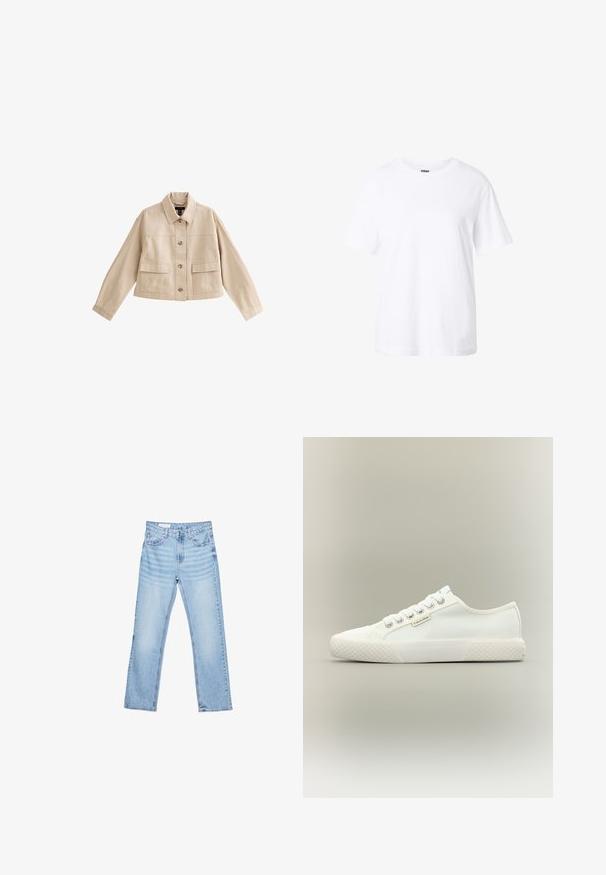 Beige cropped jakke med lange ærmer, krave, knaplukning foran og to store forlommer med klappe.; Enkelt hvid t-shirt med korte ærmer og rund hals, afslappet pasform og lille label inde i kraven.; Lyseblå denimjeans med lige pasform, fem-lomme-design og synlig syning. Mellem-høj talje med klassisk knap- og lynlåslukning.; Hvid lavtopet lærreds-sneaker med tekstureret gummisål, hvide snørebånd og lille Calvin Klein-mærke på siden.