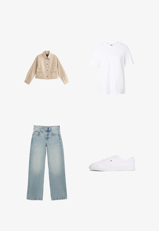 Beige kurze Jacke mit langen Ärmeln, Kragen, Vorderknopfleiste und zwei großen aufgesetzten Fronttaschen mit Klappen.; Schlichtes weißes T-Shirt mit kurzen Ärmeln, Rundhalsausschnitt, lockerer Passform und kleinem Etikett innen im Kragen.; Helle, blaue Denim-Hosen mit weitem Bein und hoher Taille, ausgestattet mit fünf Taschen, einem Knopfverschluss und dezentem Ausbleichen für einen getragenen Effekt.; Weißer Sneaker mit niedrigem Schaft, Schnürverschluss und kleinem rot-weiß-blauem Logo an der Seite, flache Gummisohle.