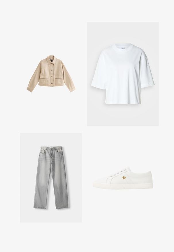 Beige kurze Jacke mit langen Ärmeln, Kragen, Vorderknopfleiste und zwei großen aufgesetzten Fronttaschen mit Klappen.; Weißes, kurz geschnittenes T-Shirt mit kurzen Ärmeln und Rundhalsausschnitt, aus weichem Baumwollmaterial, mit einem einfachen und klaren Design.; Helle graue Jeans aus Denim mit geradem Bein, ausgestattet mit zwei vorderen Taschen, einem Knopfverschluss und subtilen Abnutzungen für Struktur.; Lauren Ralph Lauren JANSON II CANVAS SNEAKER - Sneaker low - optic white
